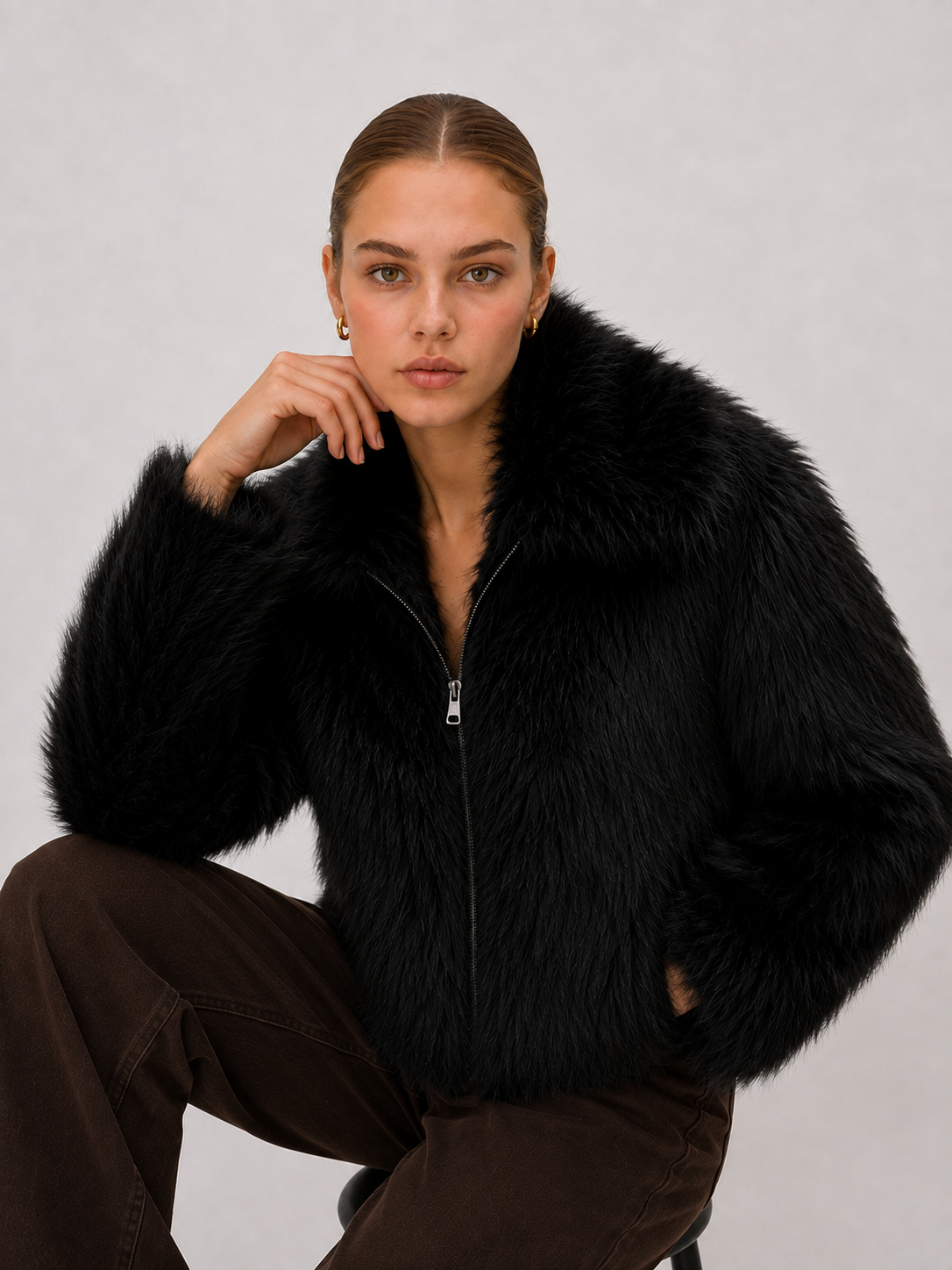 Velour Noir Suni Kürk Ceket
